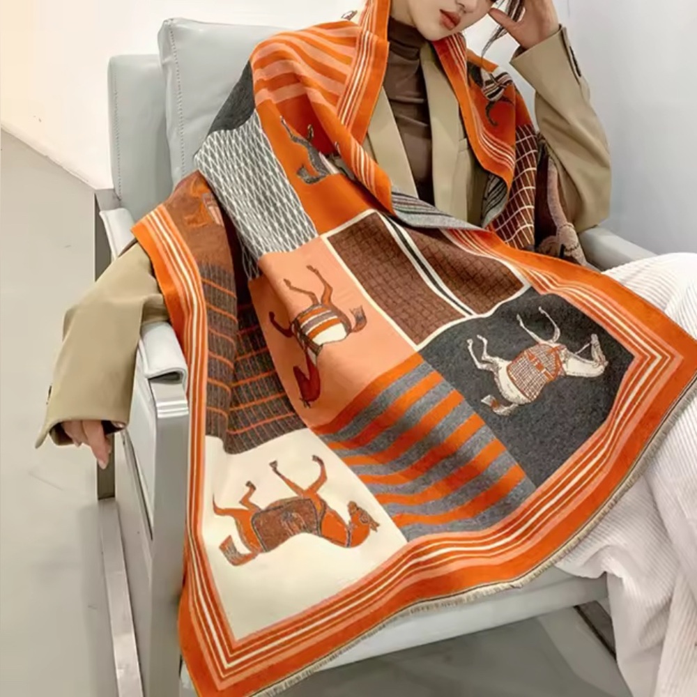 NEW Retail $139 Cashmere Blend Luxe Equestrian Orange Patterned Scarf Shawl